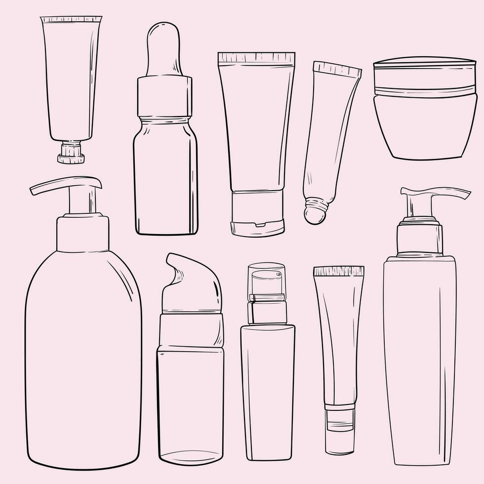 Hand drawn cosmetics products. Collections of skin health and beauty illustrations, spa salon and self care signs. Isolated vector set.