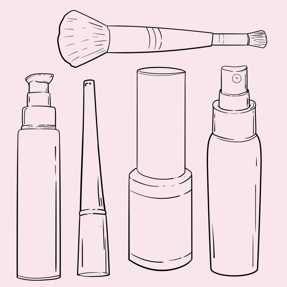 Hand drawn cosmetics products. Collections of skin health and beauty illustrations, spa salon and self care signs. Isolated vector set.