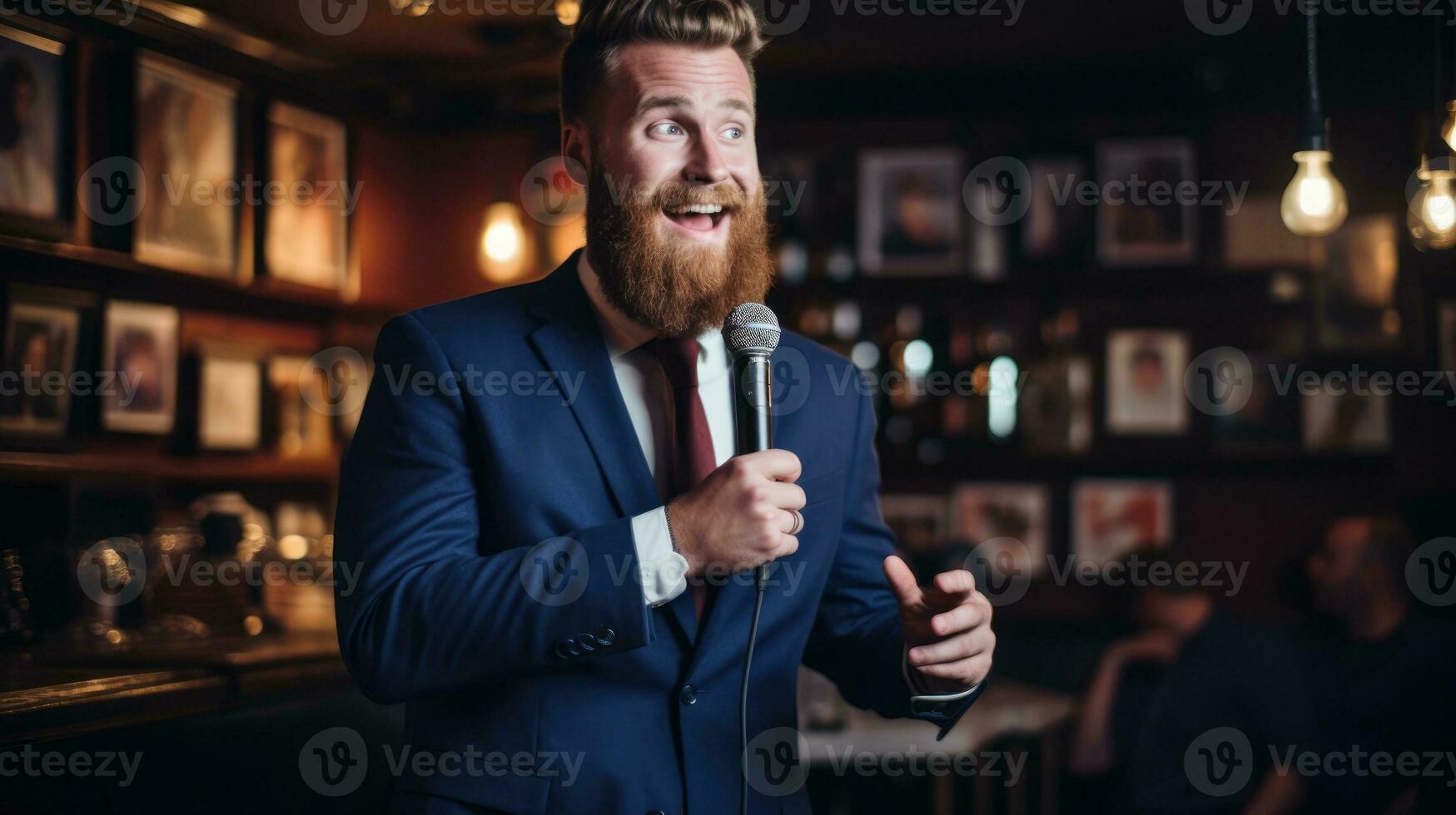 A man performs in pub. Stand-up club. Karaoke at the bar. Evening entertainment photo