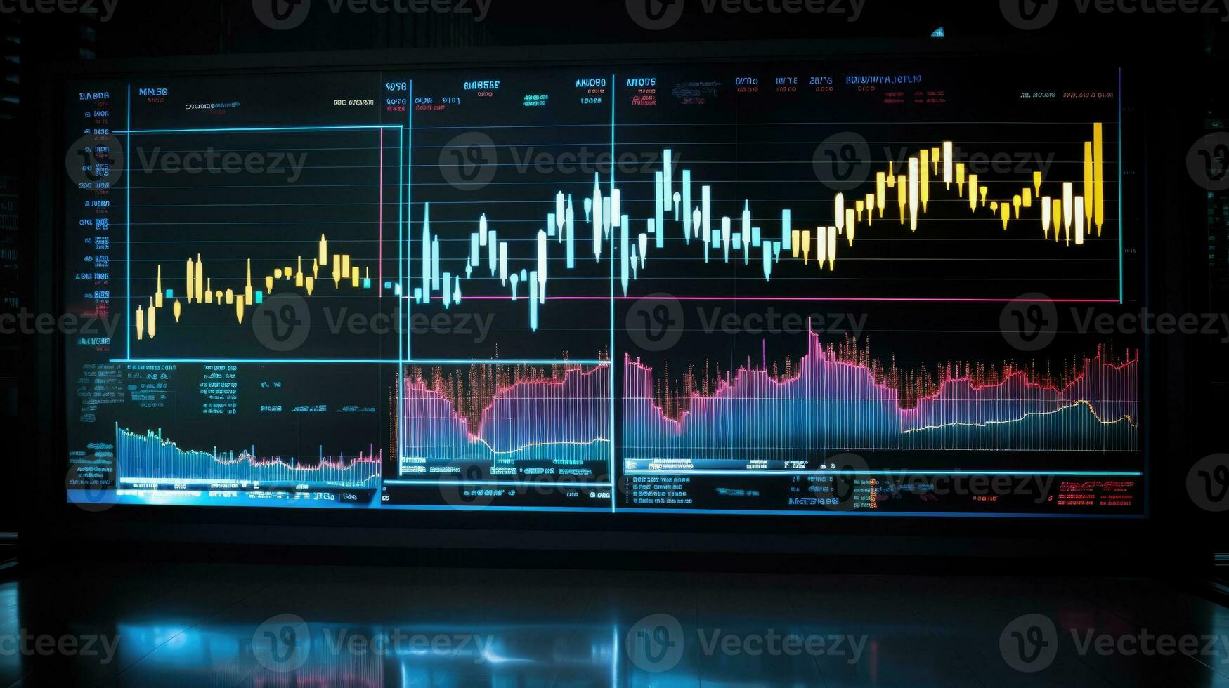 Stock market growth graph, financial neon chart on screen in modern office photo