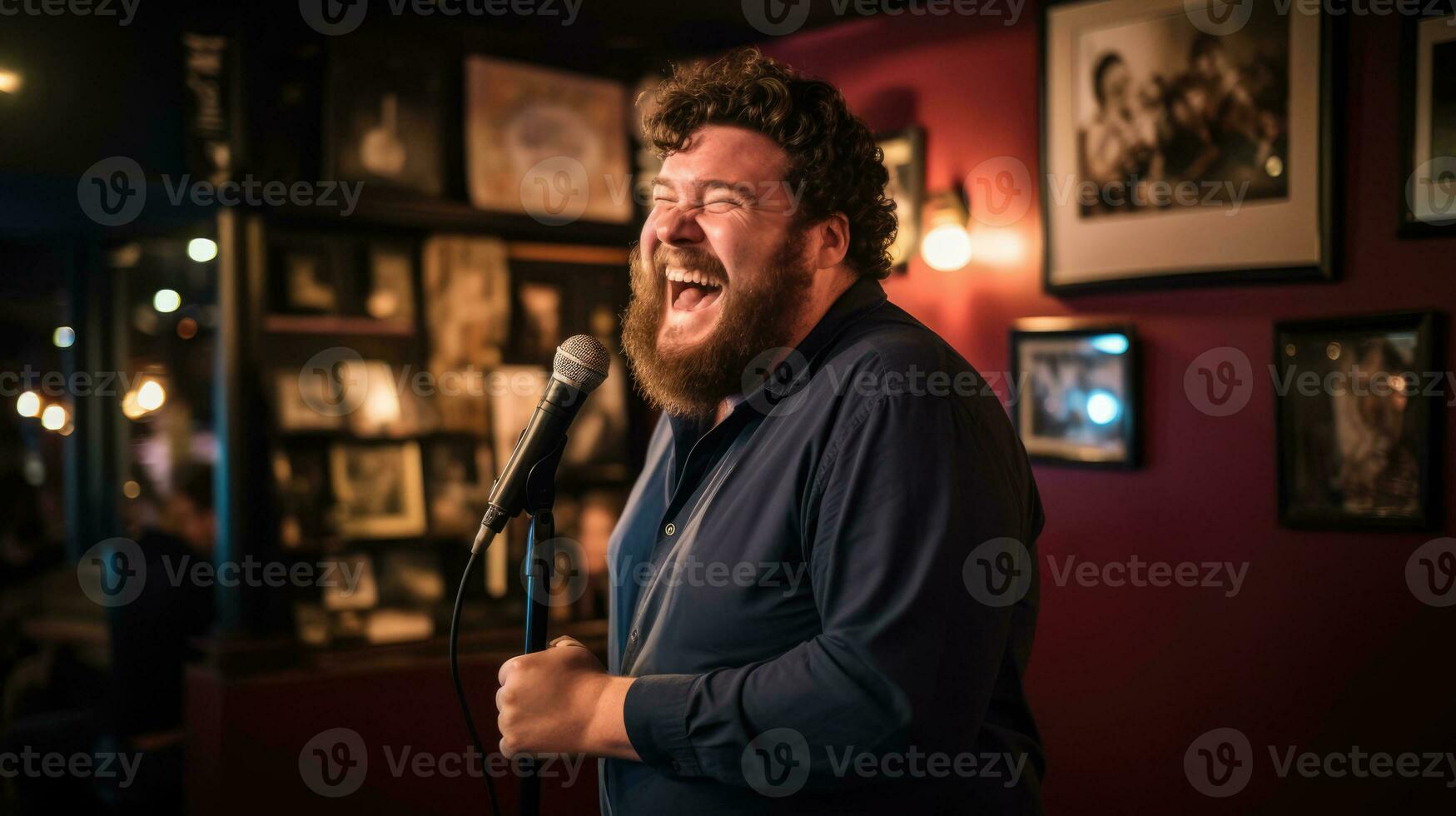 A man performs in pub. Stand-up club. Karaoke at the bar. Evening entertainment photo