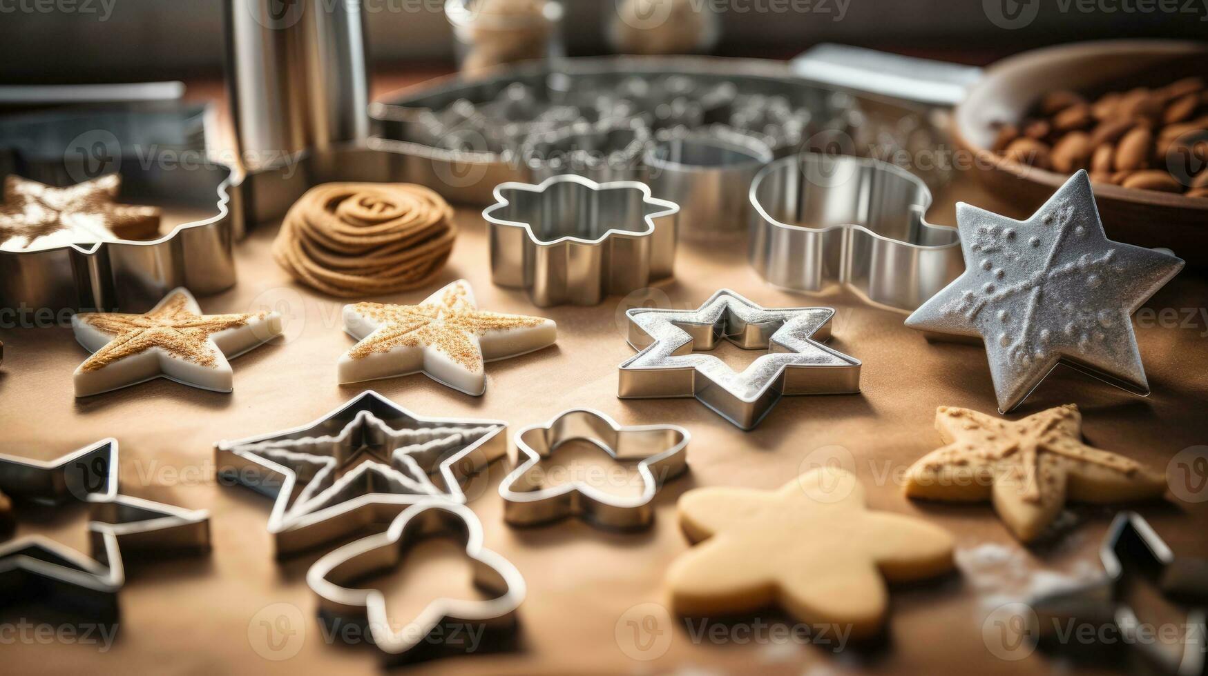 Cookie Cutter Day banner. Cookies and cookie cutters on wooden background photo