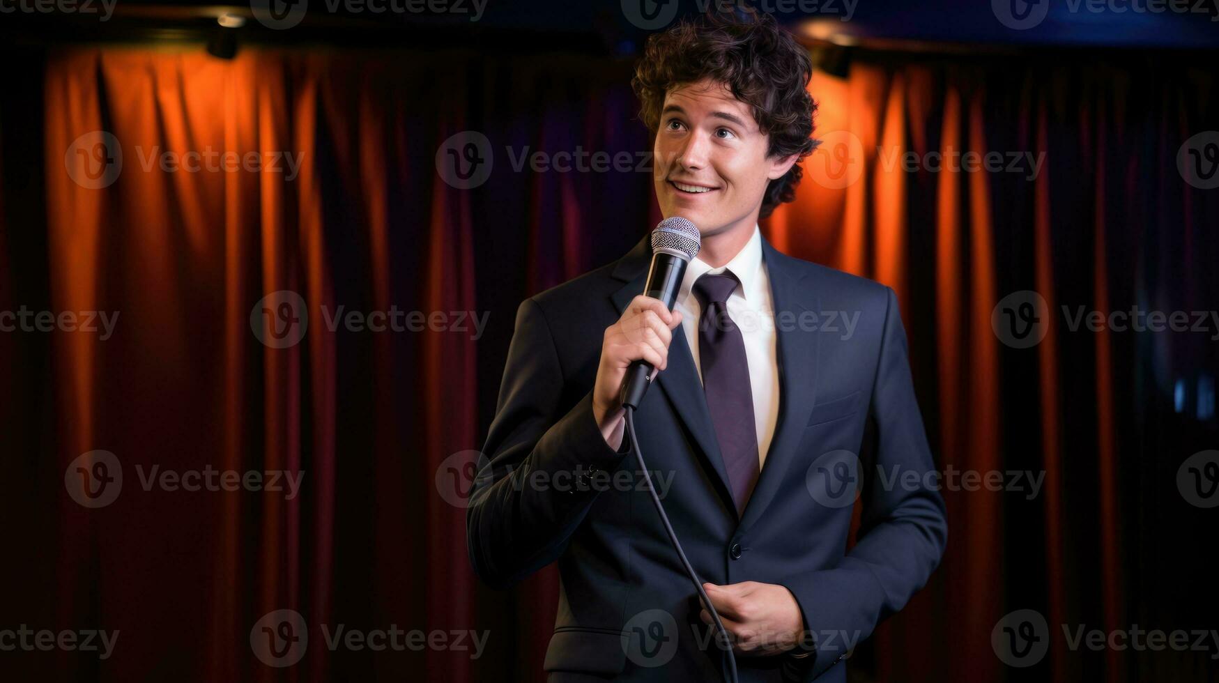 A stand-up comedian performs on stage. Public speaking in front of an audience photo