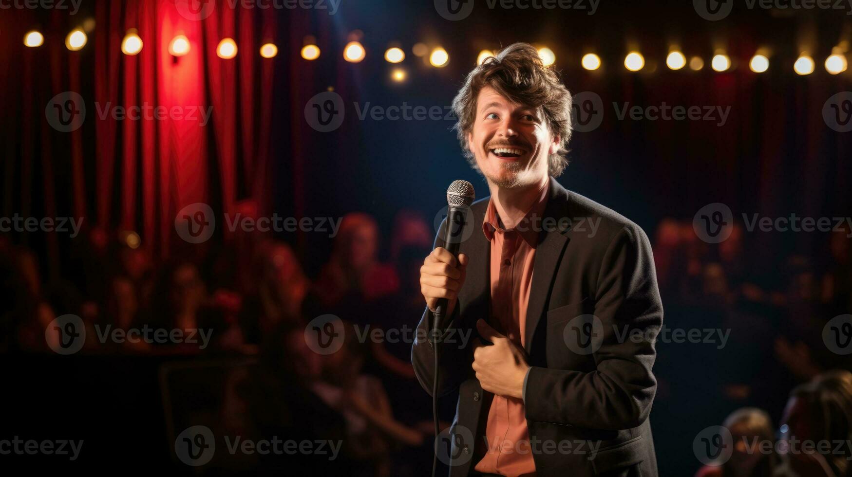 A stand-up comedian performs on stage. Public speaking in front of an audience photo