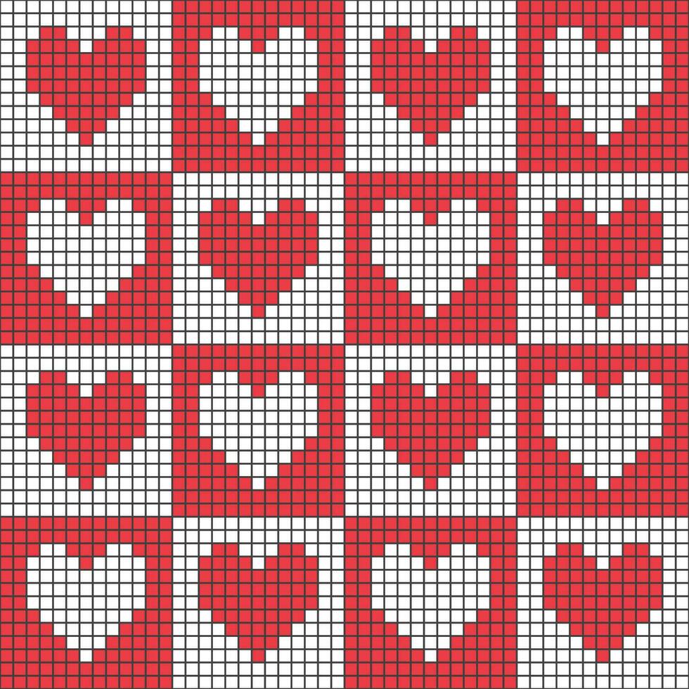 Love heart repeat pattern design vector background, red and white heart shape in pixel box style