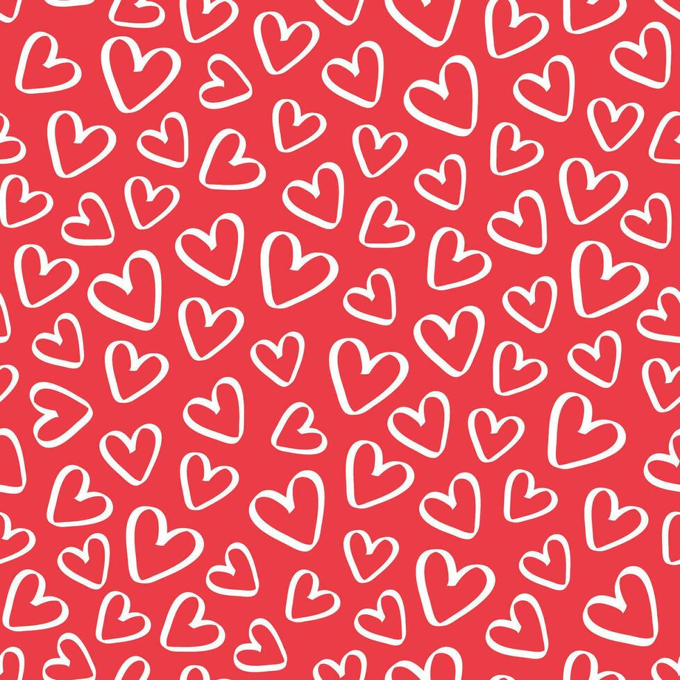 Love heart repeat pattern design vector background. heart shape in white outline style on red background