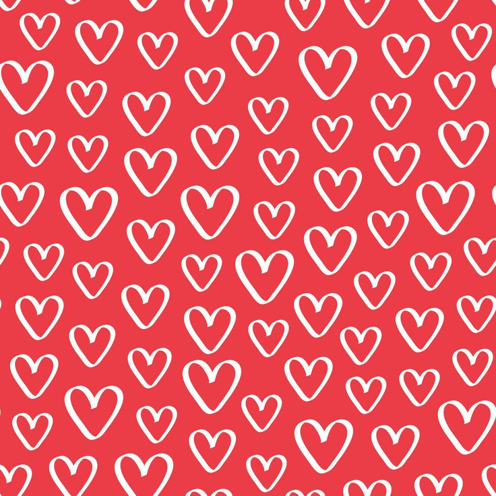 Love heart repeat pattern design vector background, white heart shape in outline style on a red background