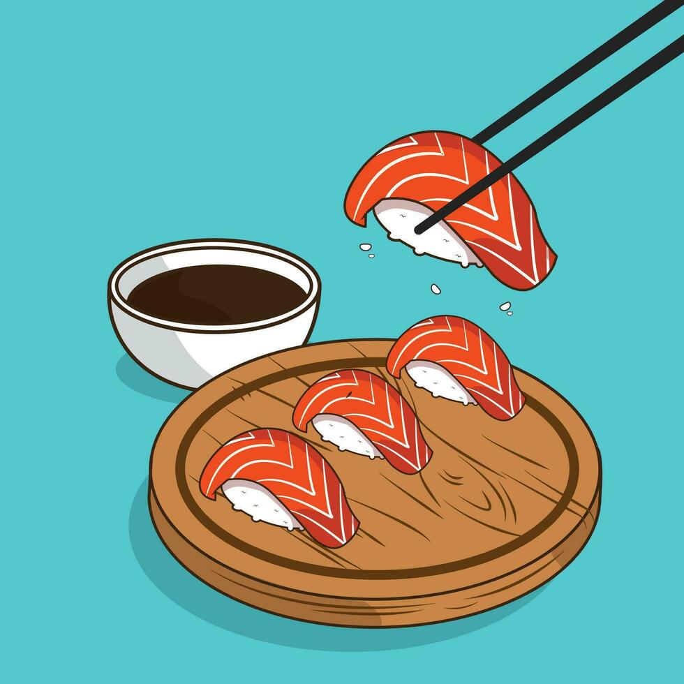 Salmon Sushi on board vector Illustration