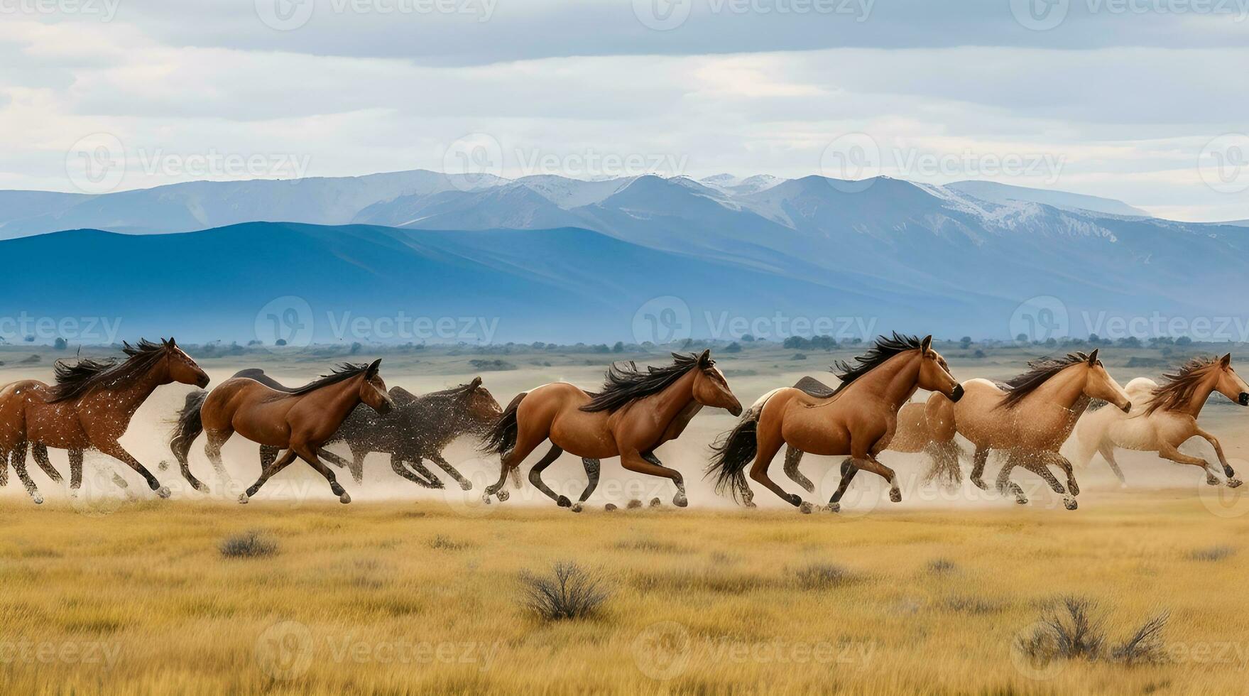 A Majestic Herd of Wild Horses Galloping Across the Vast Expanse of an Open Prairie Under the Golden Sunlight. AI Generated photo