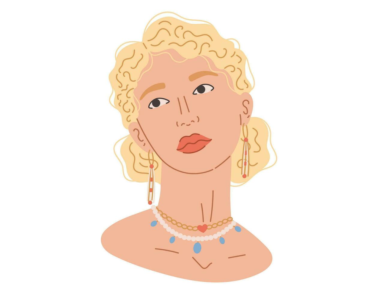 Head of a young cartoon blonde woman with jewelry. Portrait of a girl with gold earrings, chain necklace. Vector isolated flat illustration.
