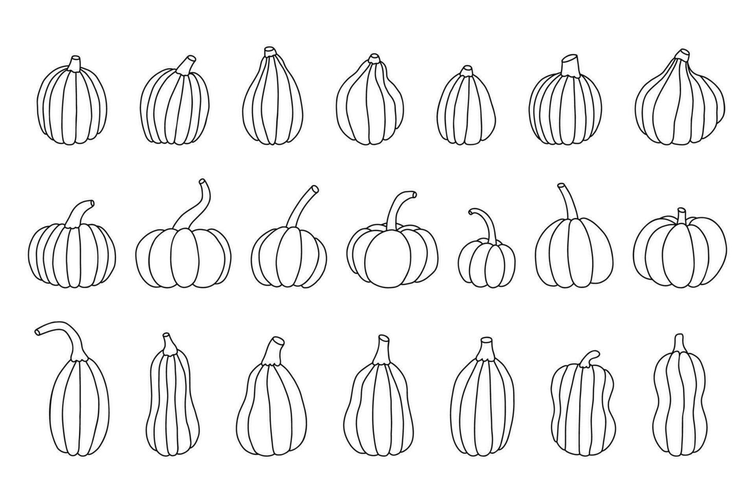 Pumpkins line icons big set. Hand drawn doodle coloring book. Outline vector illustration