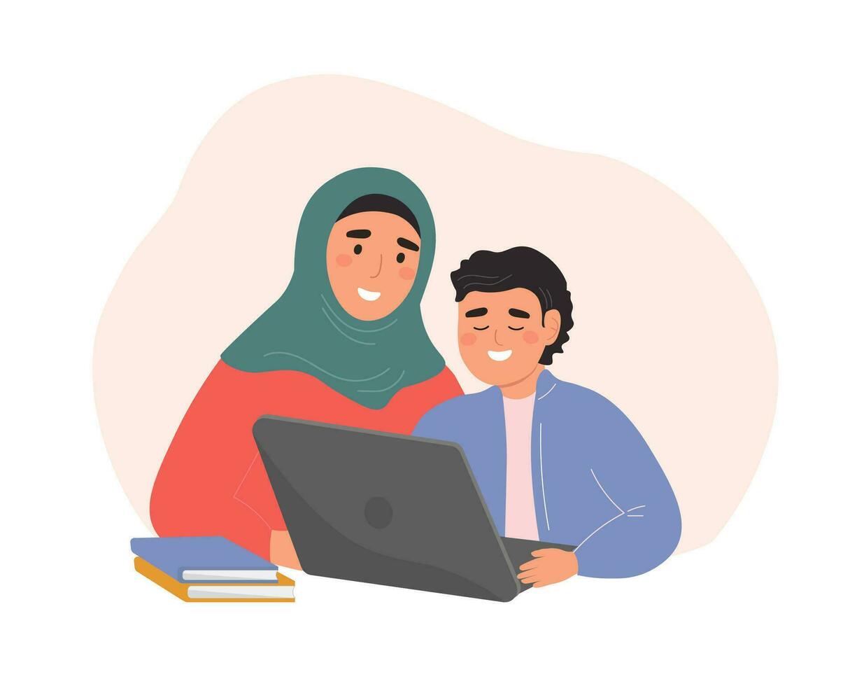 un profesor y un niño son sentado con un ordenador portátil. un mujer en un hijab y un estudiante recibe conocimiento. vector plano gráficos.