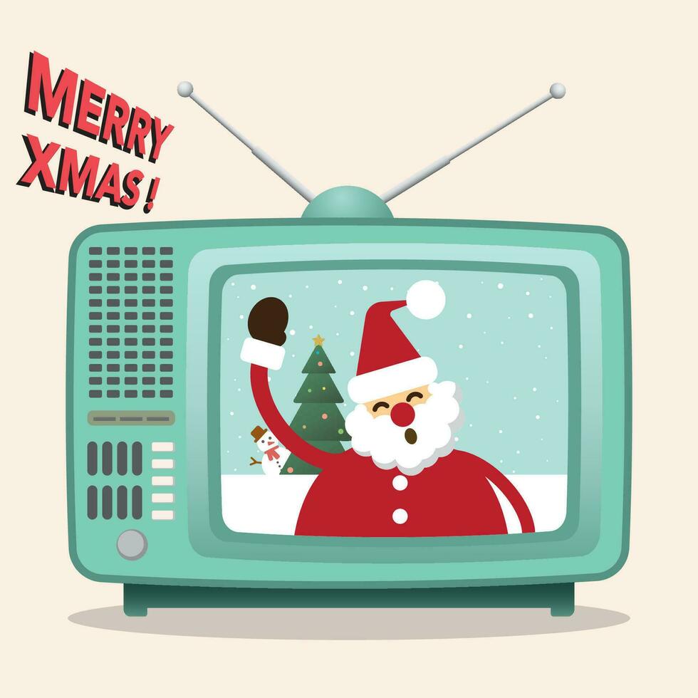 Santa Clause say Merry Xmas from TV broadcasting flat design vector illustration. Merry Christmas and Happy New Year greeting card template.