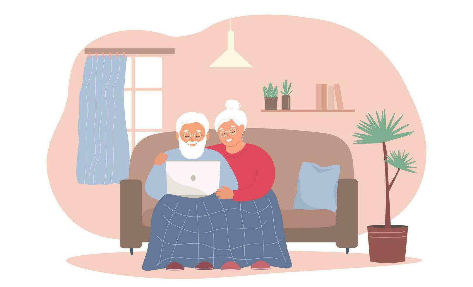 An elderly couple at home sits on the sofa under a blanket using a laptop. Grandparents together. Vector flat graphics.