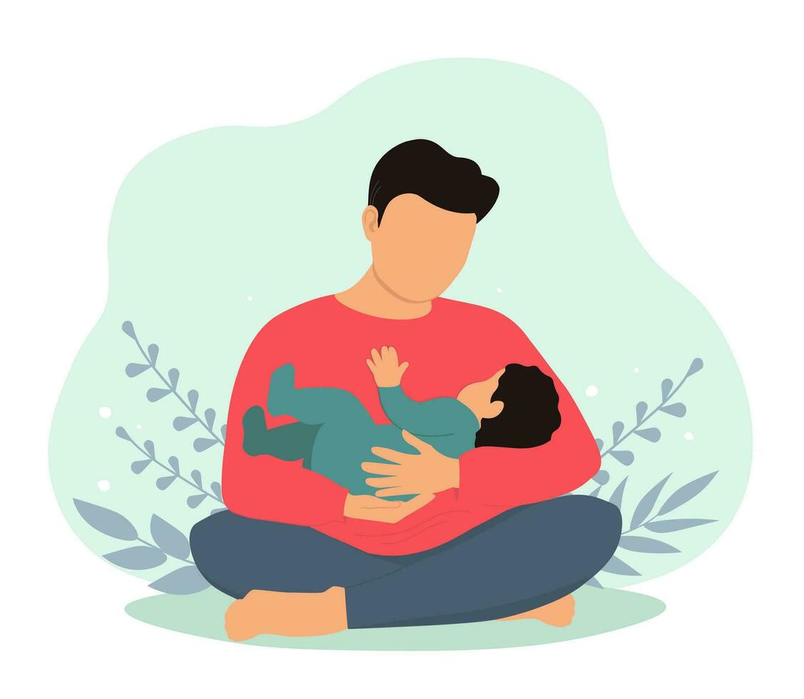 Happy dad sits in lotus position, holding baby in his arms. Father rocks his son. Vector graphics.