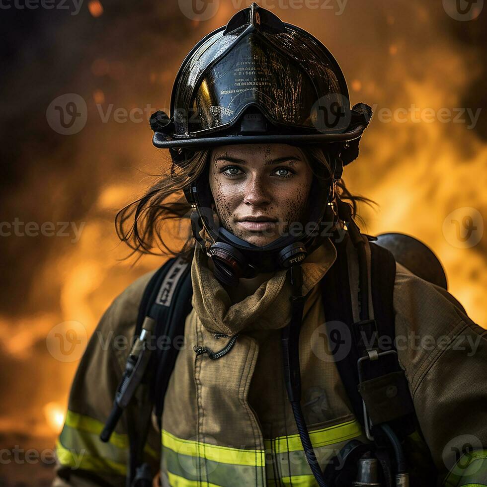 photorealistic image of a woman firefighter. feminism. AI generated photo