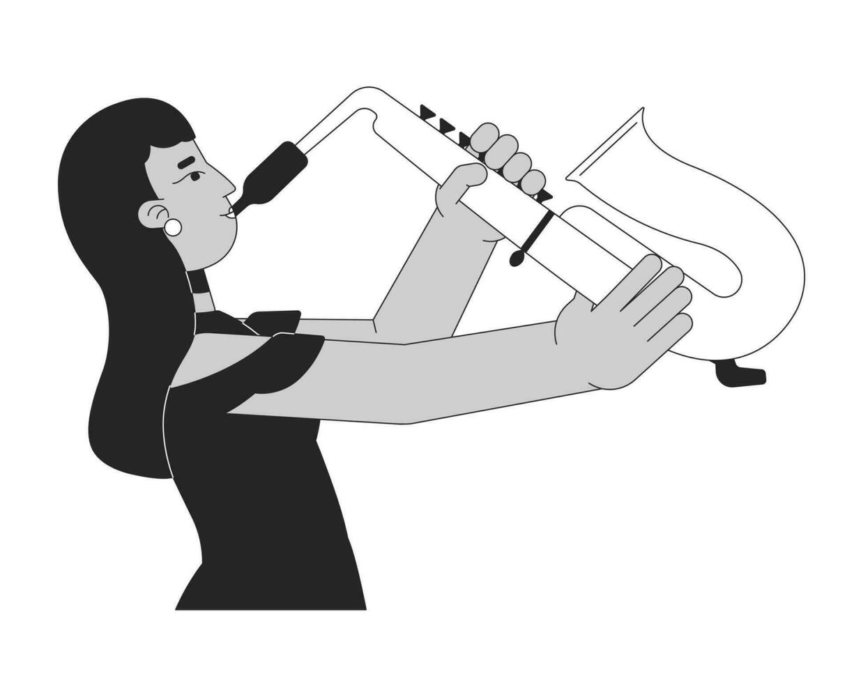 Elegant indian woman playing saxophone black and white 2D line cartoon character. South asian female holding sax isolated vector outline person. Jazz saxophonist monochromatic flat spot illustration