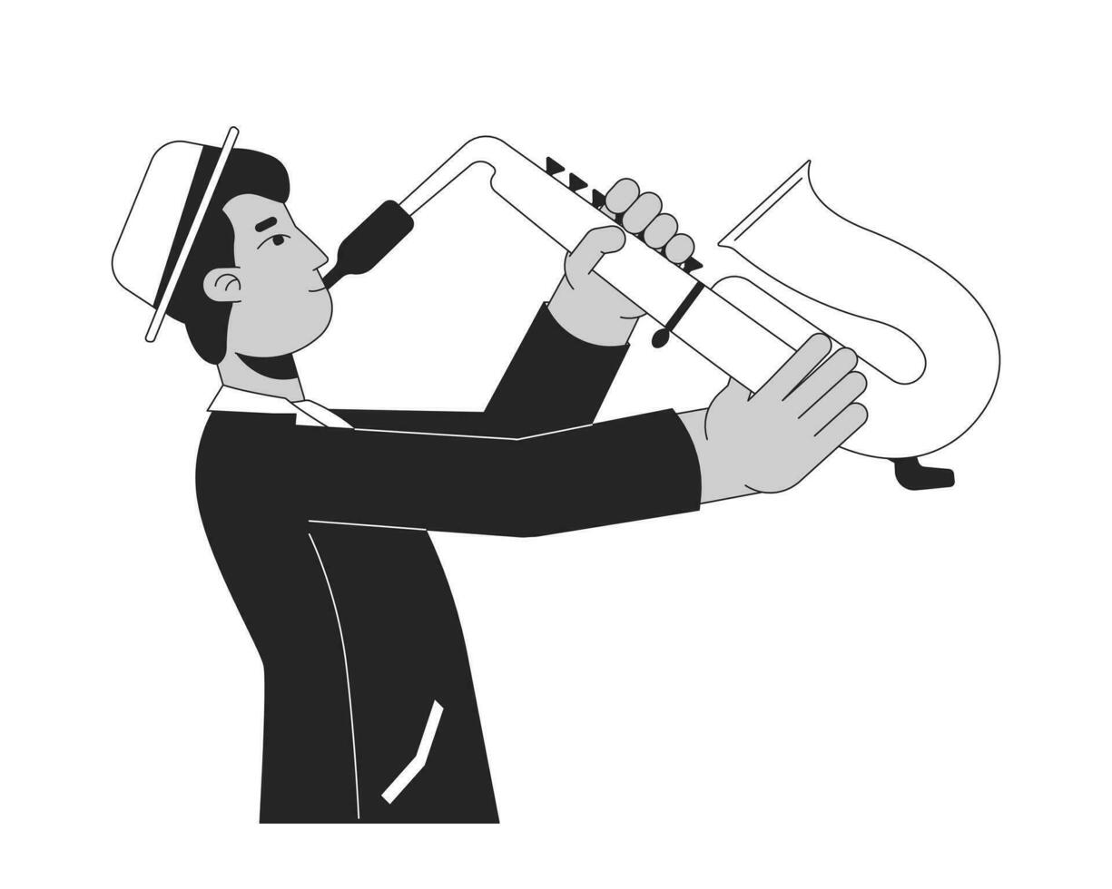 indio joven adulto jazzman negro y blanco 2d línea dibujos animados personaje. sur asiático masculino participación musical instrumento aislado vector contorno persona. saxofón jugador monocromo plano Mancha ilustración