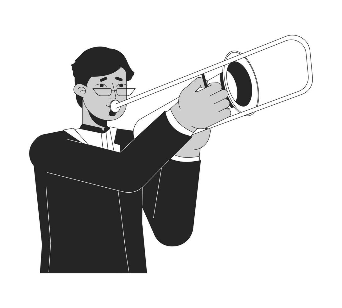 Eyeglasses indian man playing trombone black and white 2D line cartoon character. Trombonist holds instrument isolated vector outline person. Jazz instrumentalist monochromatic flat spot illustration