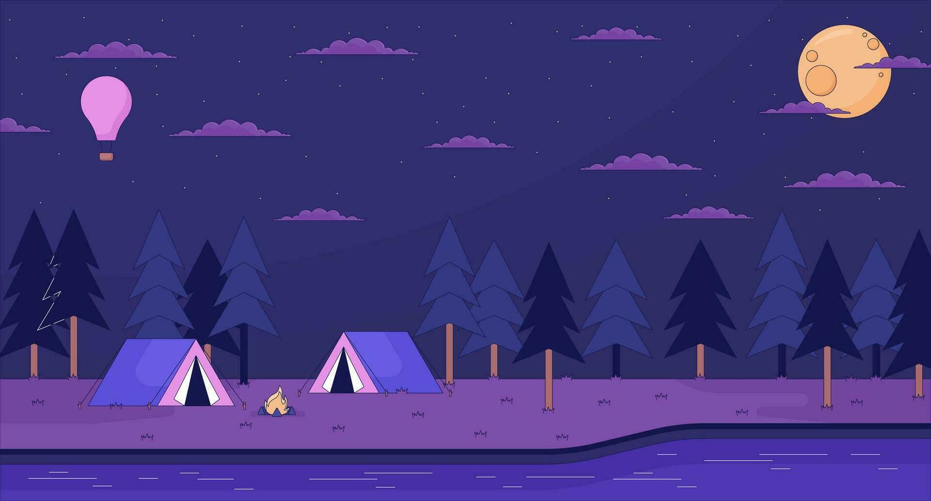 Campground nature at night 2D cartoon background. Full moon trees. Dark woods. River campsite colorful aesthetic vector illustration, nobody. Camping nighttime flat line wallpaper art, lofi image