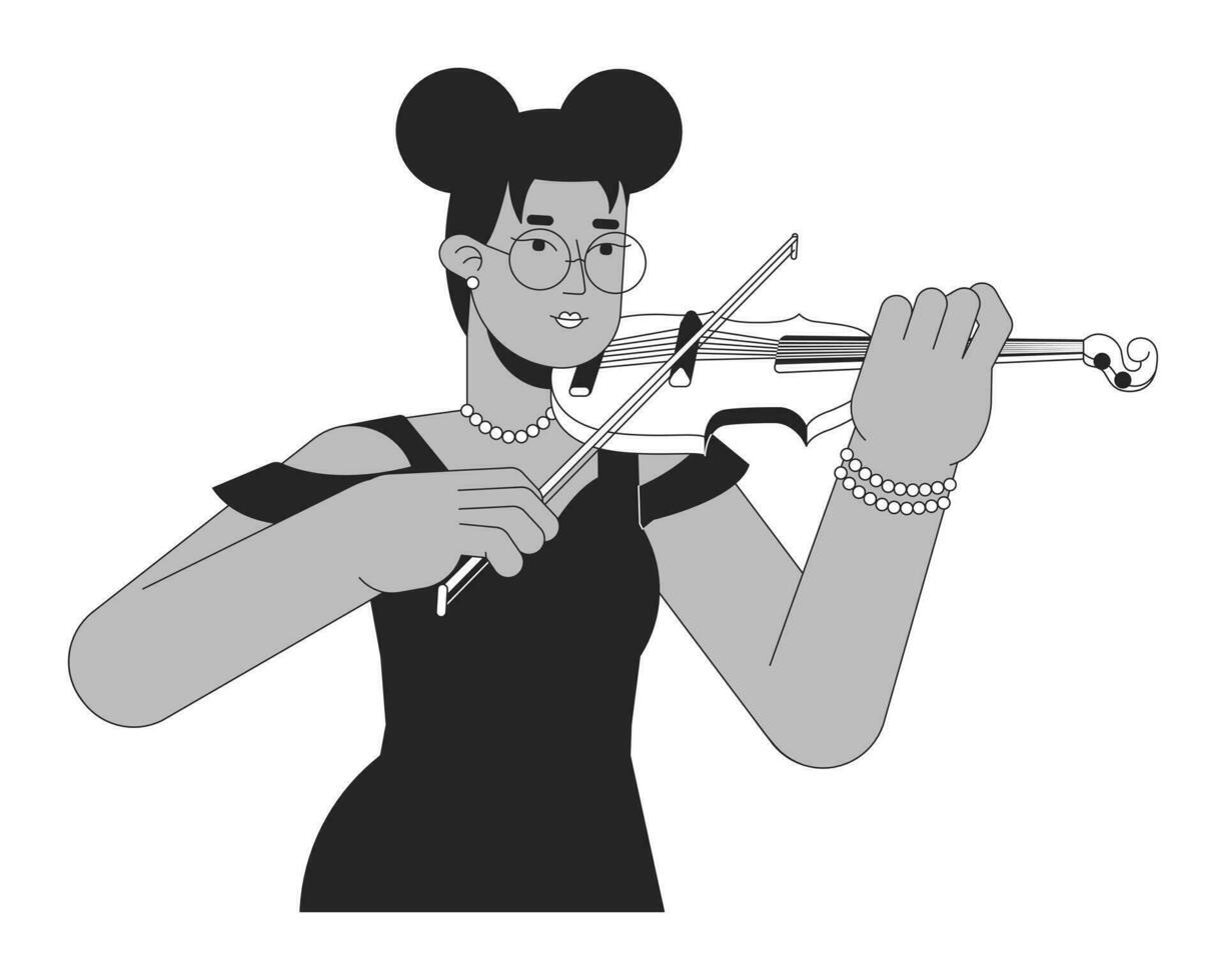 hembra violinista jugando musical instrumento negro y blanco 2d línea dibujos animados personaje. africano americano joven mujer aislado vector contorno persona. violín jugador monocromo plano Mancha ilustración