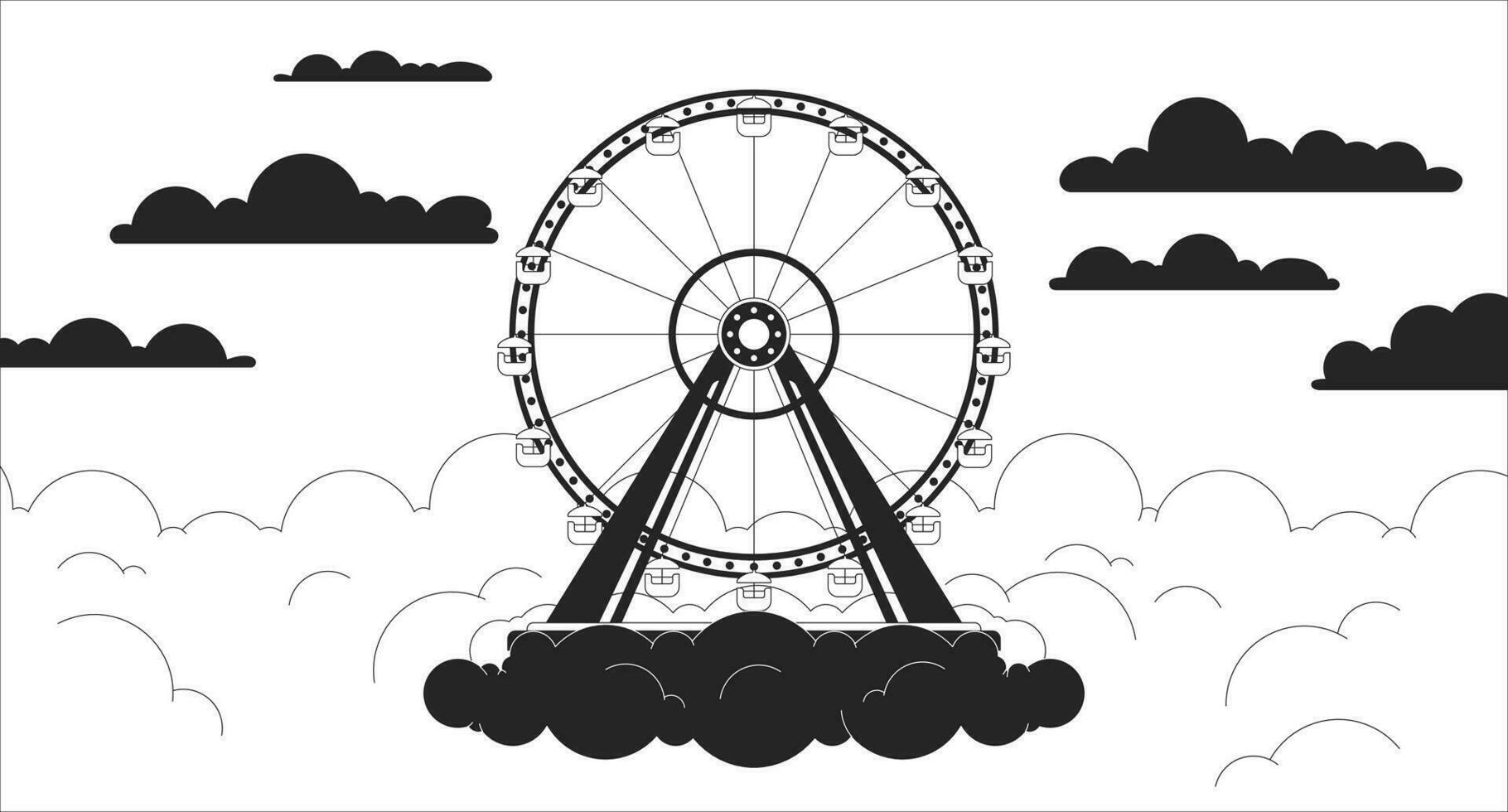 Ferris wheel sunset clouds black and white lofi wallpaper. Fairground heaven cloudscape 2D outline scene cartoon flat illustration. Park amusement sunrise vector line lo fi aesthetic background