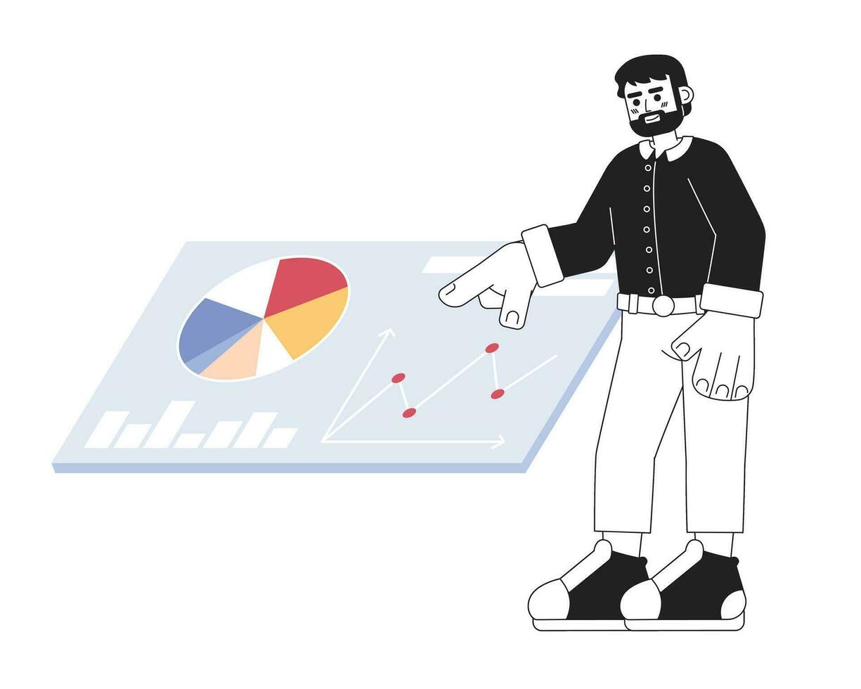 Bearded caucasian man touching data dashboard black and white 2D cartoon character. European adult male studying charts isolated vector outline person. Analyst monochromatic flat spot illustration