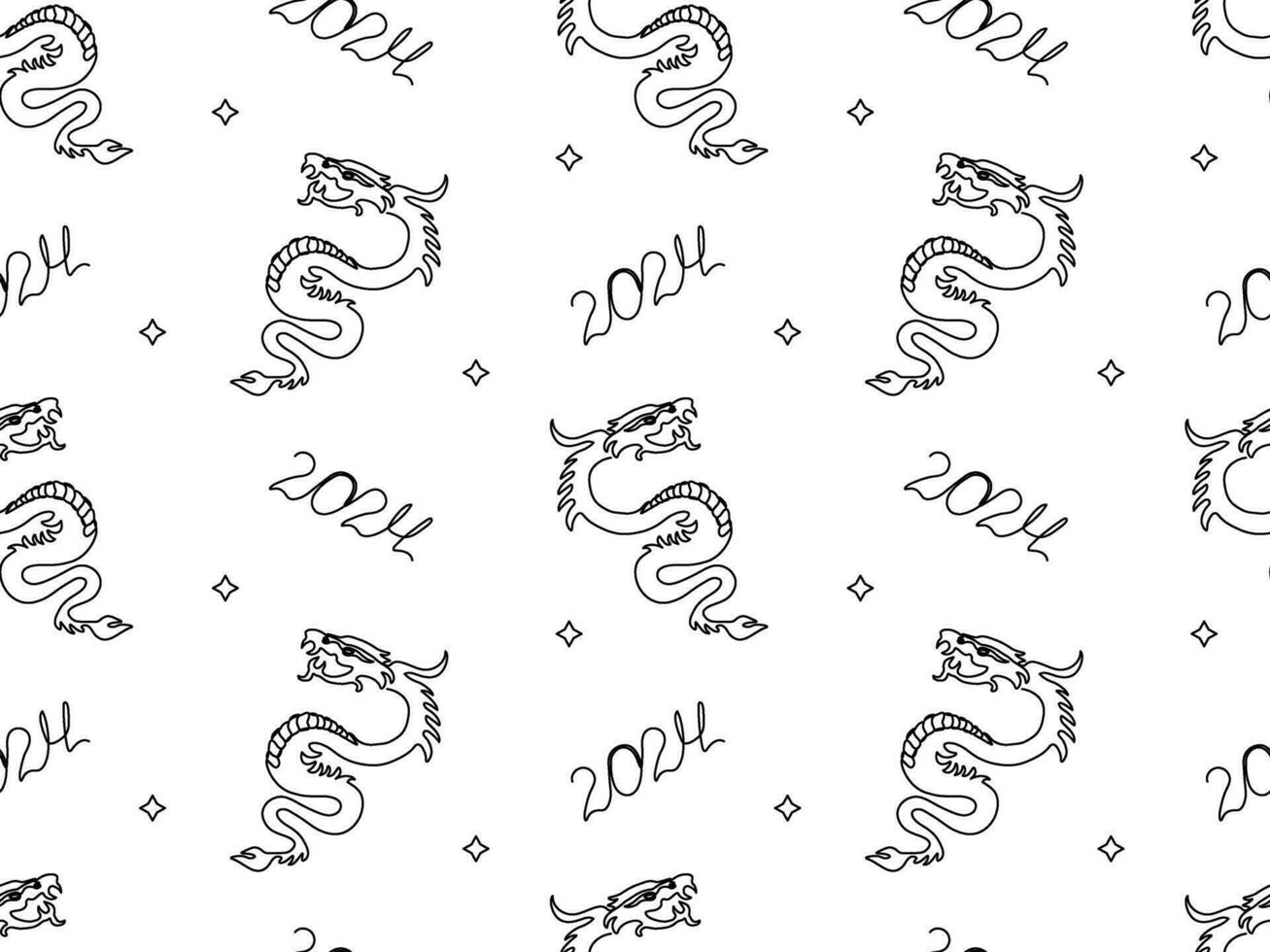seamless pattern of dragons and numbers 2024, new year, symbol of the year according to the Chinese calendar.Line art vector