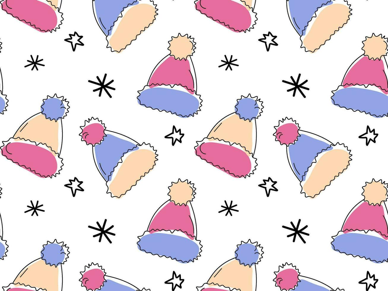seamless doodle pattern with winter clothes. Bobble hats vector