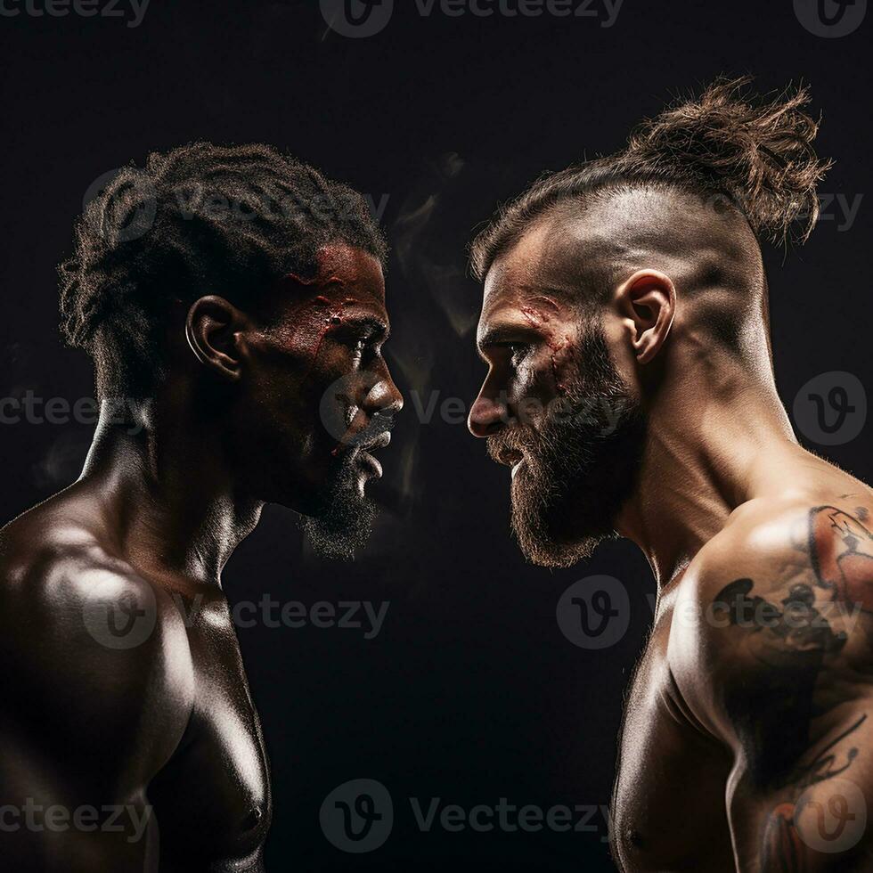 photorealistic image of two male boxers face to face. fight, duel, kickboxing. AI generated photo