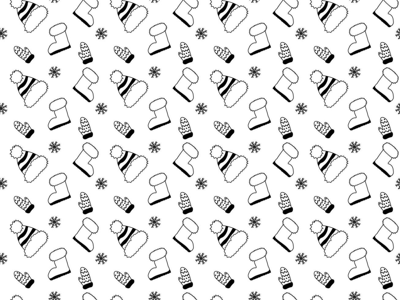 seamless black and white doodle pattern with winter clothes. Bobble hat, mittens and boots vector