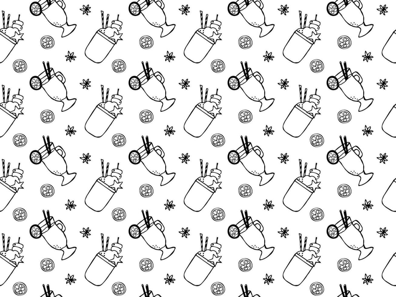Seamless black and white doodle pattern with cocktails, festive drinks, mulled wine and frikshake, monstershake vector