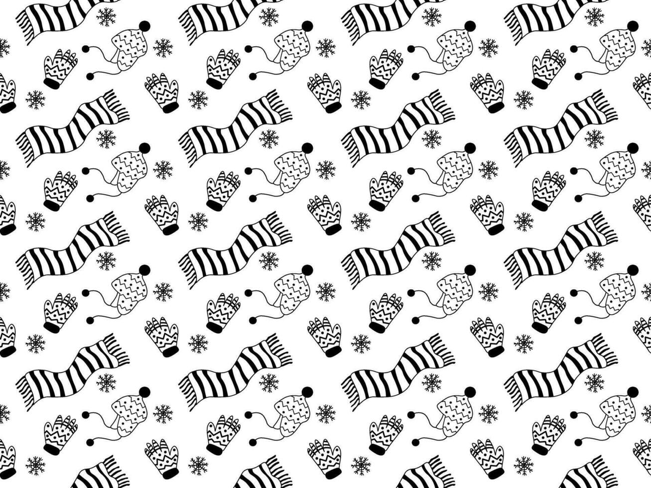 seamless black and white doodle pattern with winter clothes. Bobble hat, mittens and scarf vector
