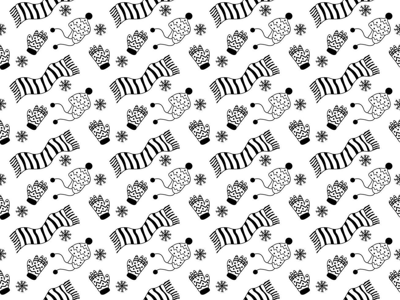 seamless black and white doodle pattern with winter clothes. Bobble hat, mittens and scarf vector