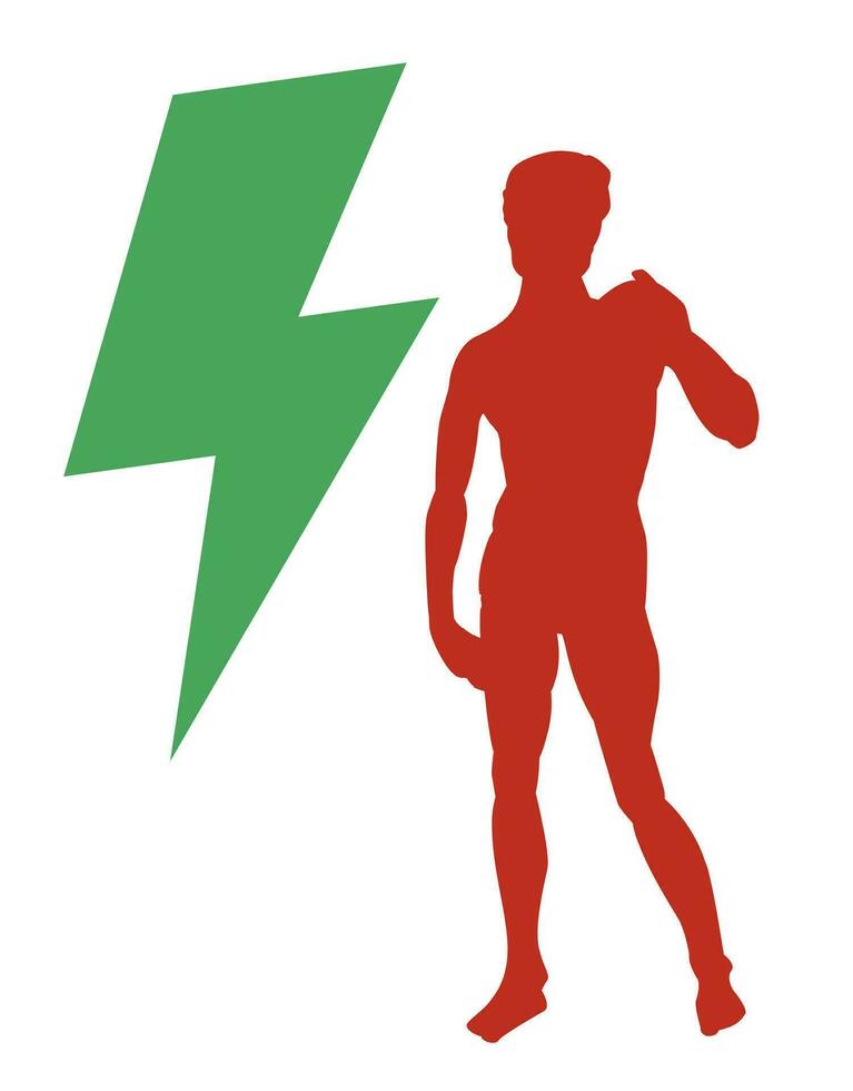 Design for t-shirt of the symbol of thunder with a silhouette of a sculpture with the colors of the Italian flag. Statue of David from Florence, Italy made by Michelangelo. vector