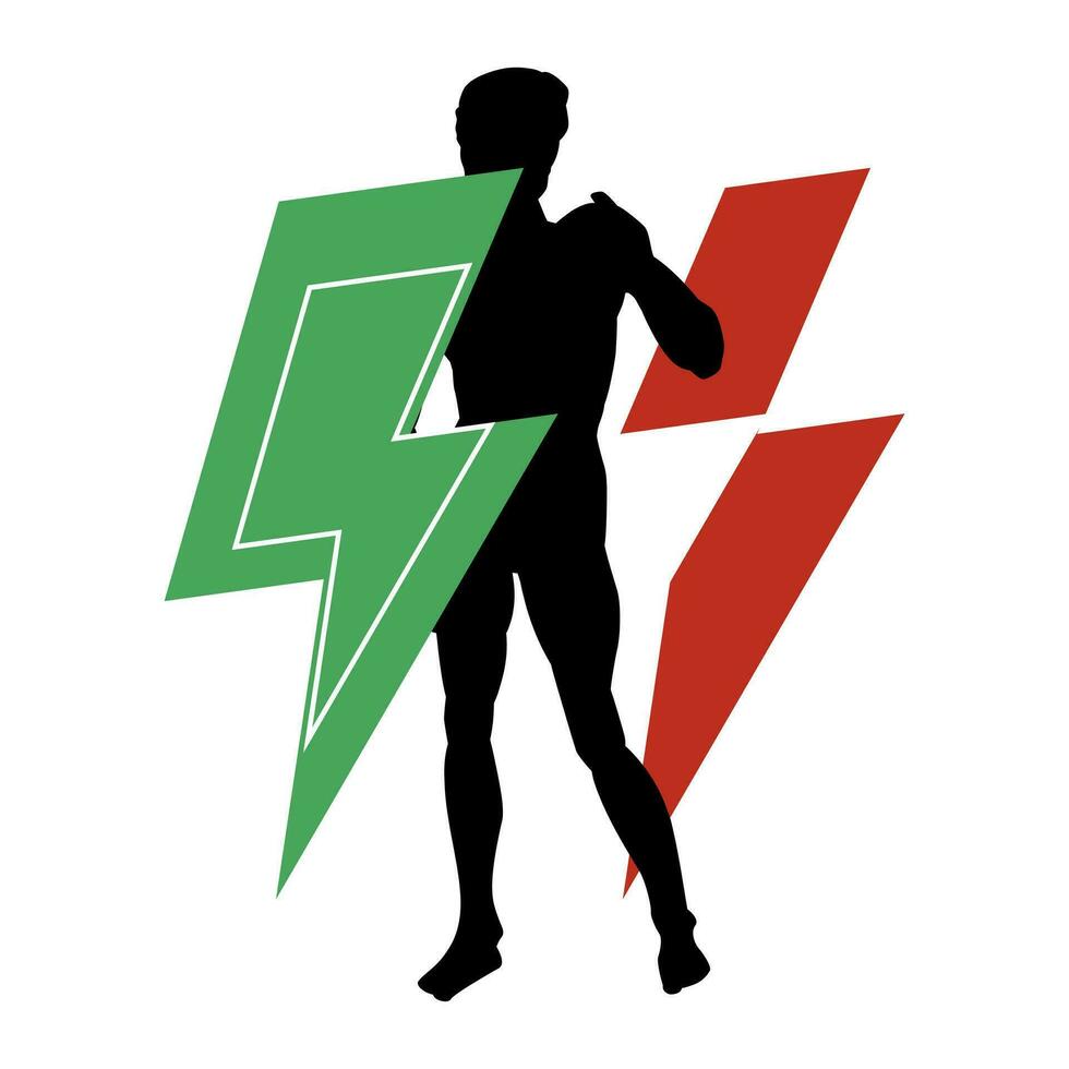 T-shirt design of the silhouette of a Renaissance sculpture next to the symbol of thunderbolt with the colors of Italy. Statue of David from Florence, Italy made by Michelangelo. vector