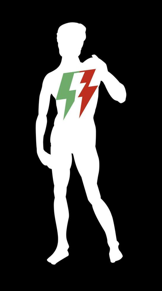 T-shirt design of the silhouette of a Renaissance sculpture next to the symbol of thunderbolt with the colors of Italy. Statue of David from Florence, Italy made by Michelangelo. vector