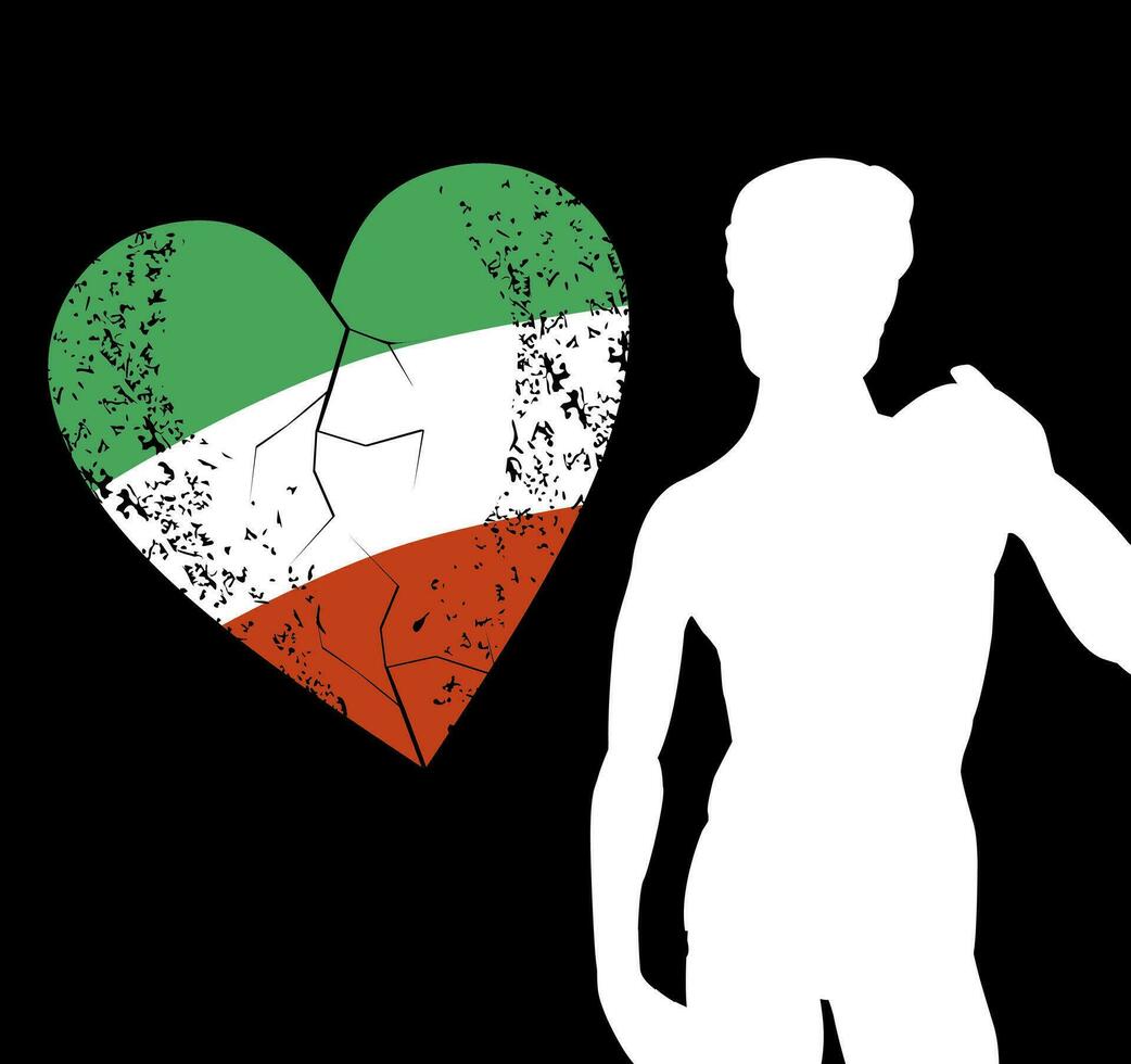 T-shirt design of a heart with the colors of the Italian flag and a silhouette of a Renaissance sculpture. Statue of David from Florence, Italy made by Michelangelo. vector