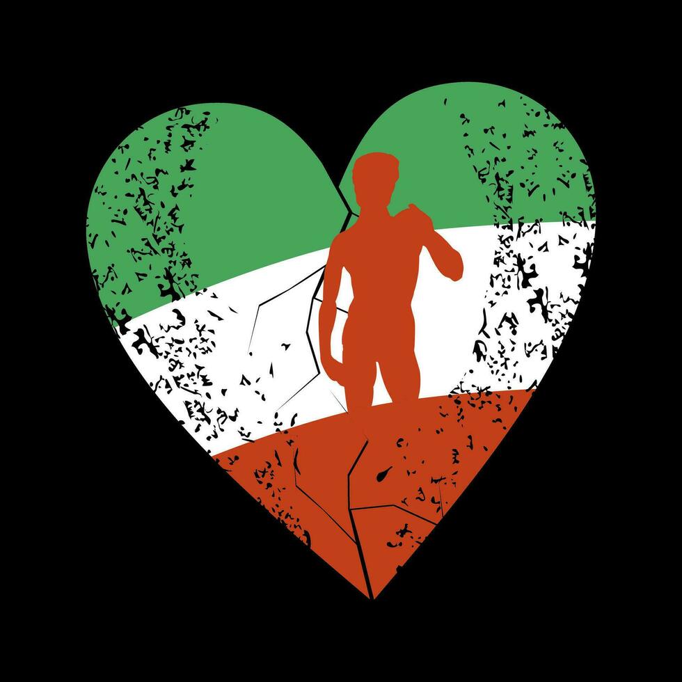 T-shirt design of a heart with the colors of the Italian flag and a silhouette of a Renaissance sculpture. Statue of David from Florence, Italy made by Michelangelo. vector