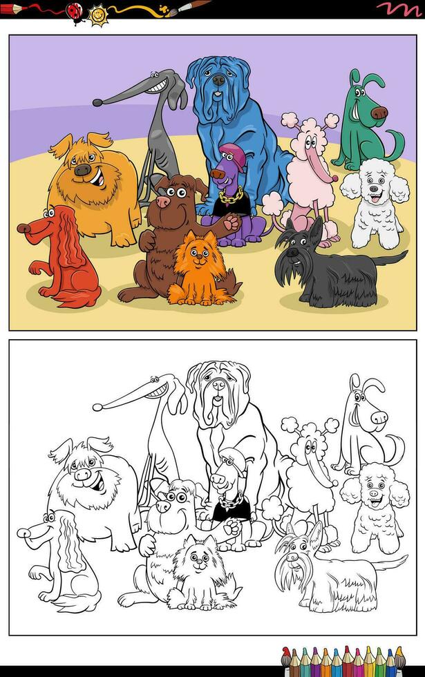 cartoon colorful dogs characters group coloring page vector