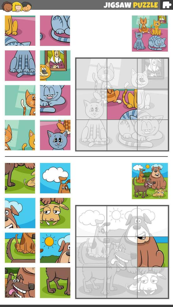 jigsaw puzzle games set with cats and dogs characters vector