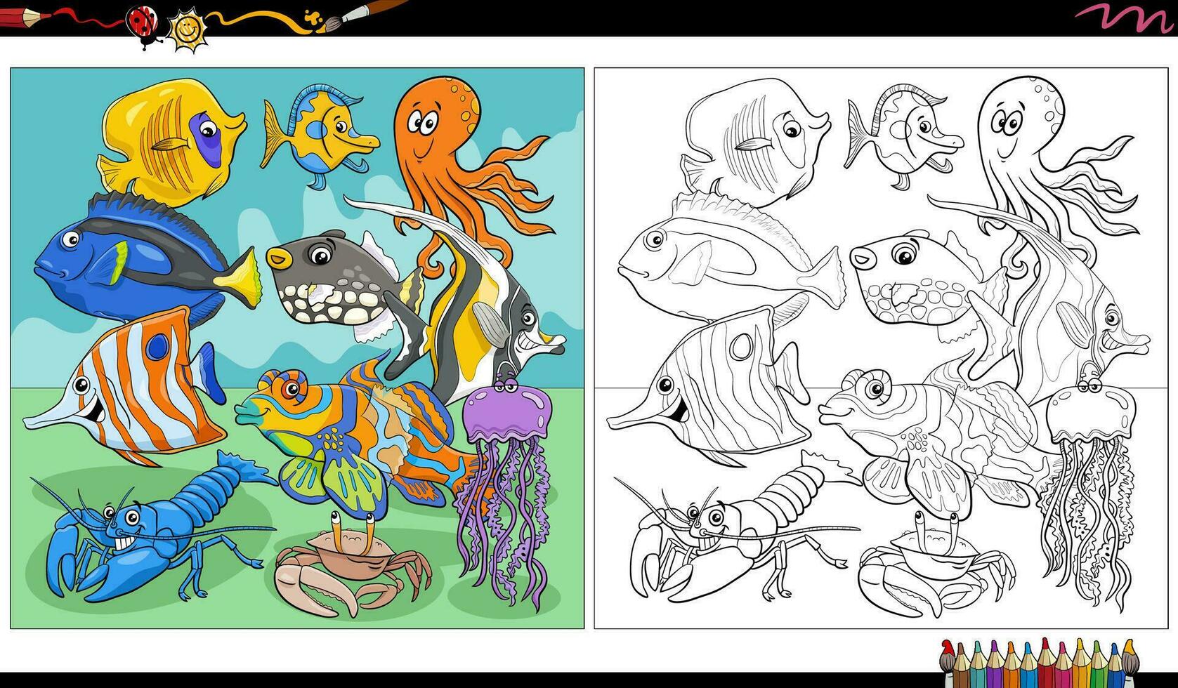 dibujos animados pescado y marina animal caracteres grupo colorante página vector