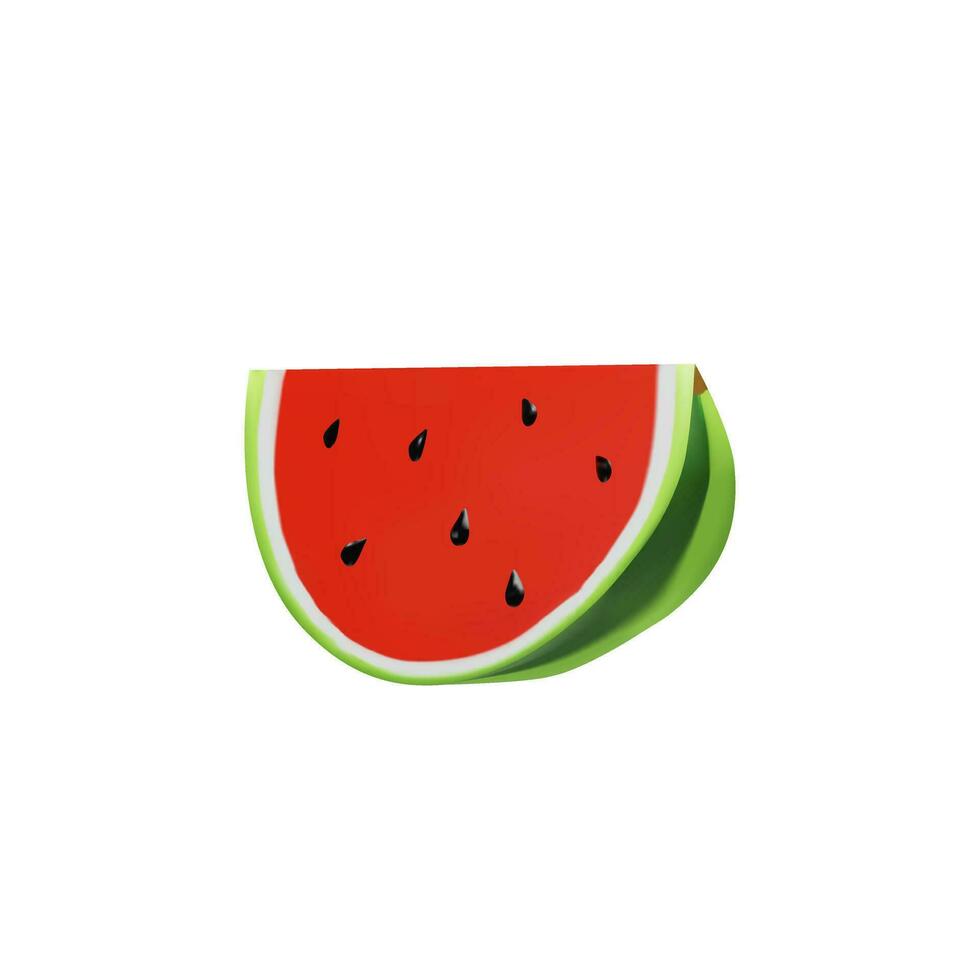 3D render big slice of watermelon. Realistic healthy berry. Vector illustration in clay style. Sweet ripe organic food for vegetarian. Juicy fresh snack in summer season. Tasty nutrition object part