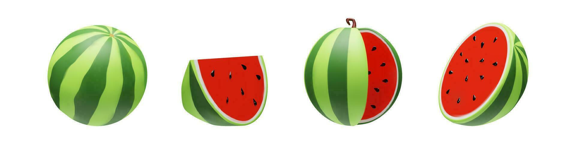 3D render set of different parts of watermelon. Half, full, small and big part of sweet organic fruit. Vector illustration clay style. Red and green vitamin berry for vegetarian diet. Summer harvest