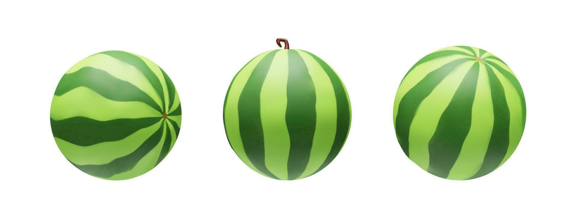 Set of 3D render watermelon. Realistic healthy berry. Vector illustration in clay style. Sweet ripe organic food for vegetarian. Juicy fresh snack in summer season. Tasty nutrition object in plastic