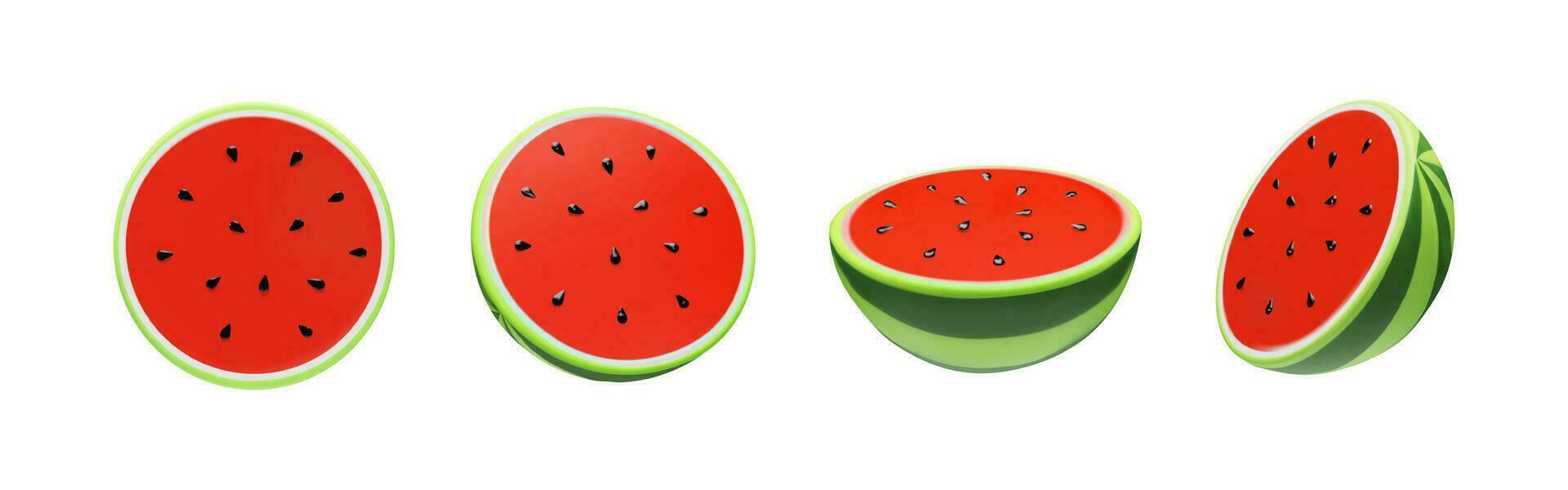 Set 3D render half of watermelon. Realistic healthy berry. Vector illustration in clay style. Sweet ripe organic food for vegetarian. Juicy fresh snack in summer season. Tasty nutrition huge slice