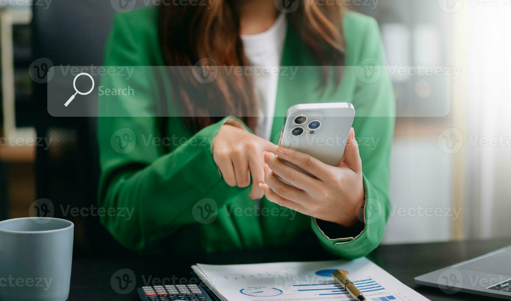 Searching Browsing Internet Data Information Networking Concept with blank search bar.man working with mobile phone and laptop computer VR icon photo
