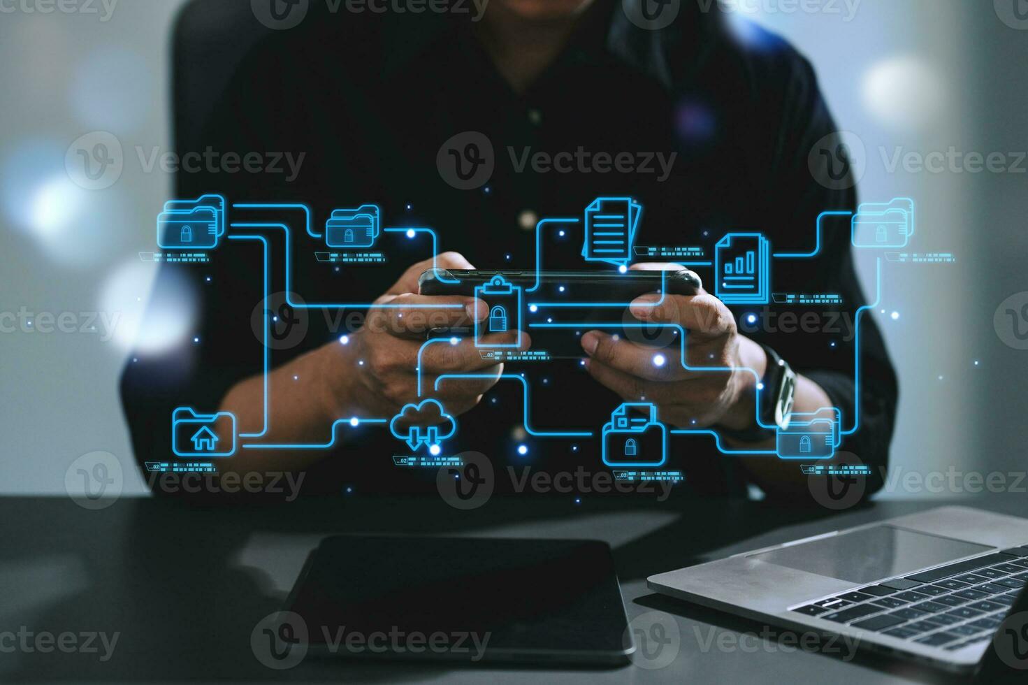 Blockchain financial technology to secure cryptocurrencies for online payment and digital transaction. Fintech concept. Man working on laptop computer, smartphone and tablet. with virtual icon photo