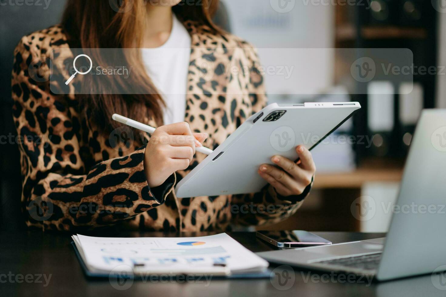 Searching Browsing Internet Data Information Networking Concept with blank search bar.man working with mobile phone and laptop computer VR icon photo