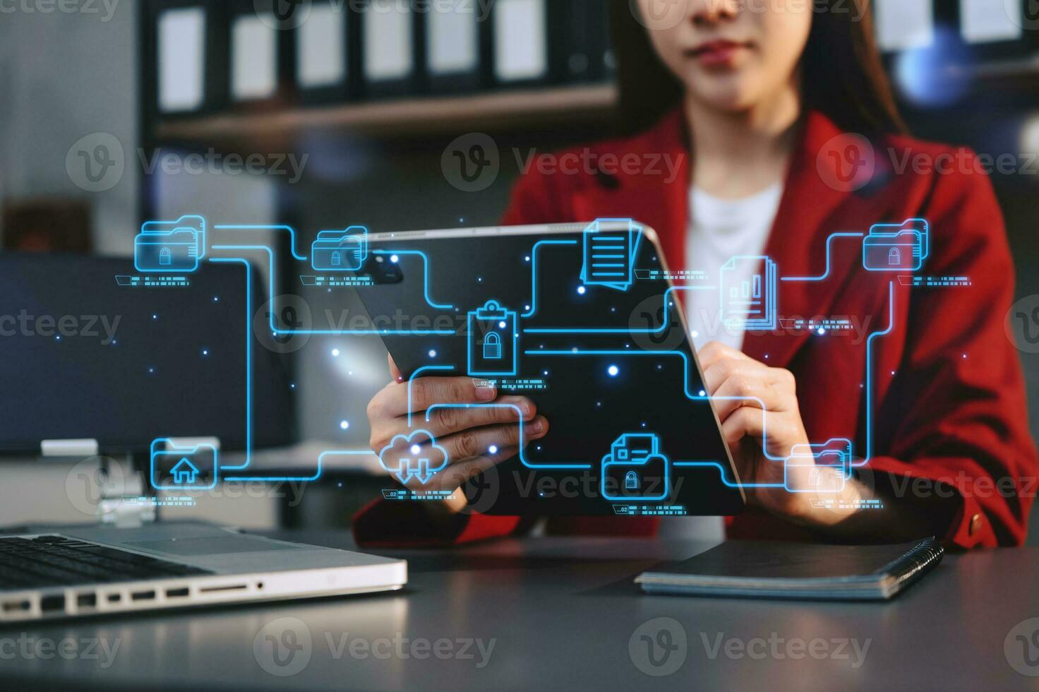 Blockchain financial technology to secure cryptocurrencies for online payment and digital transaction. Fintech concept. Man working on laptop computer, smartphone and tablet. with virtual icon photo